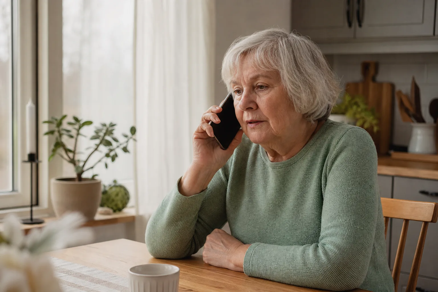 Person står vid ett fönster och pratar i mobiltelefon