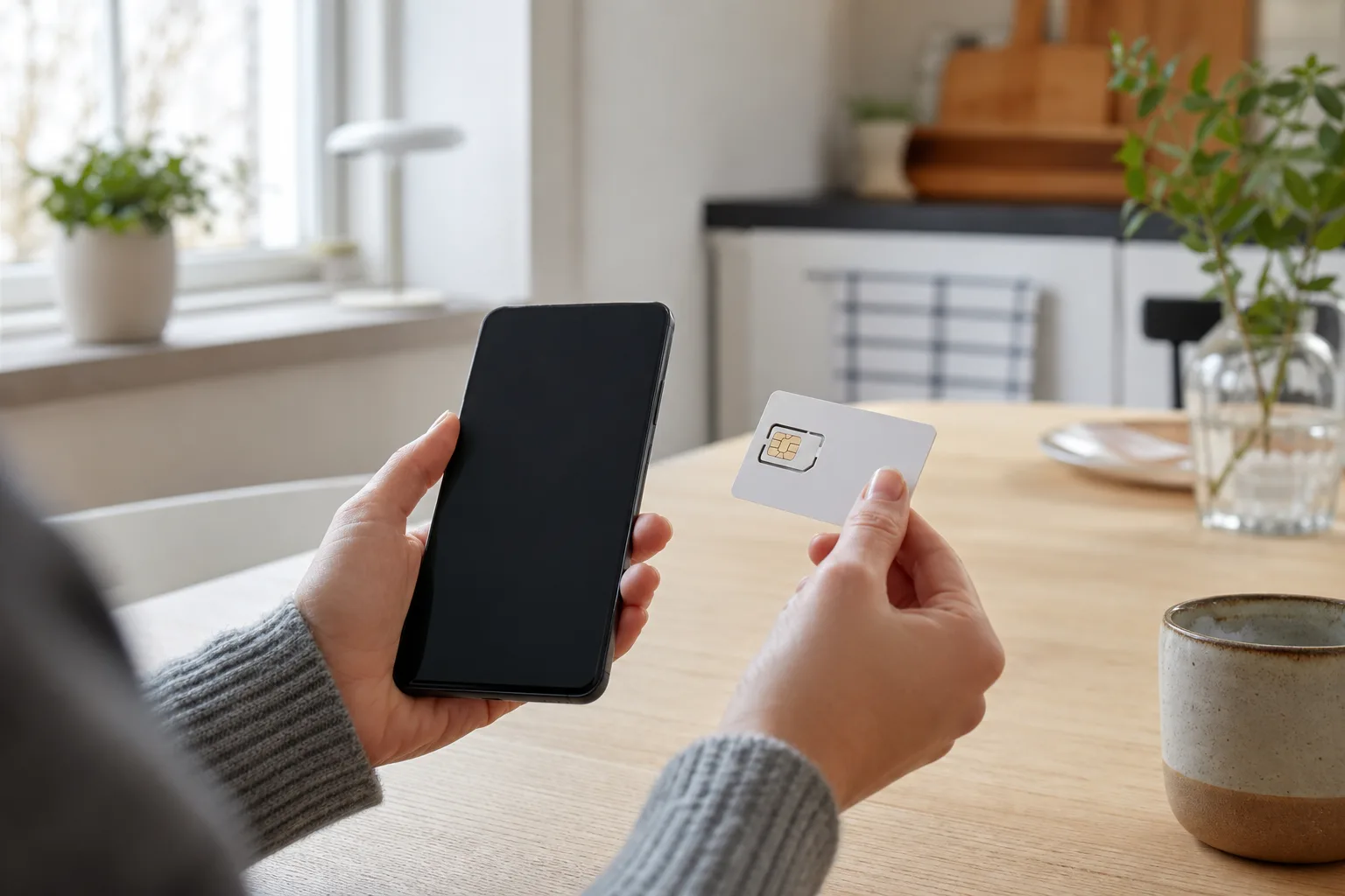 Närbild på ett SIM-kort som sätts in i en mobiltelefon