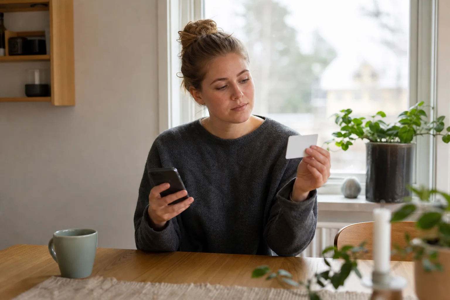 Vågskål som väger förbetalt kontantkort mot mobilabonnemang med faktura