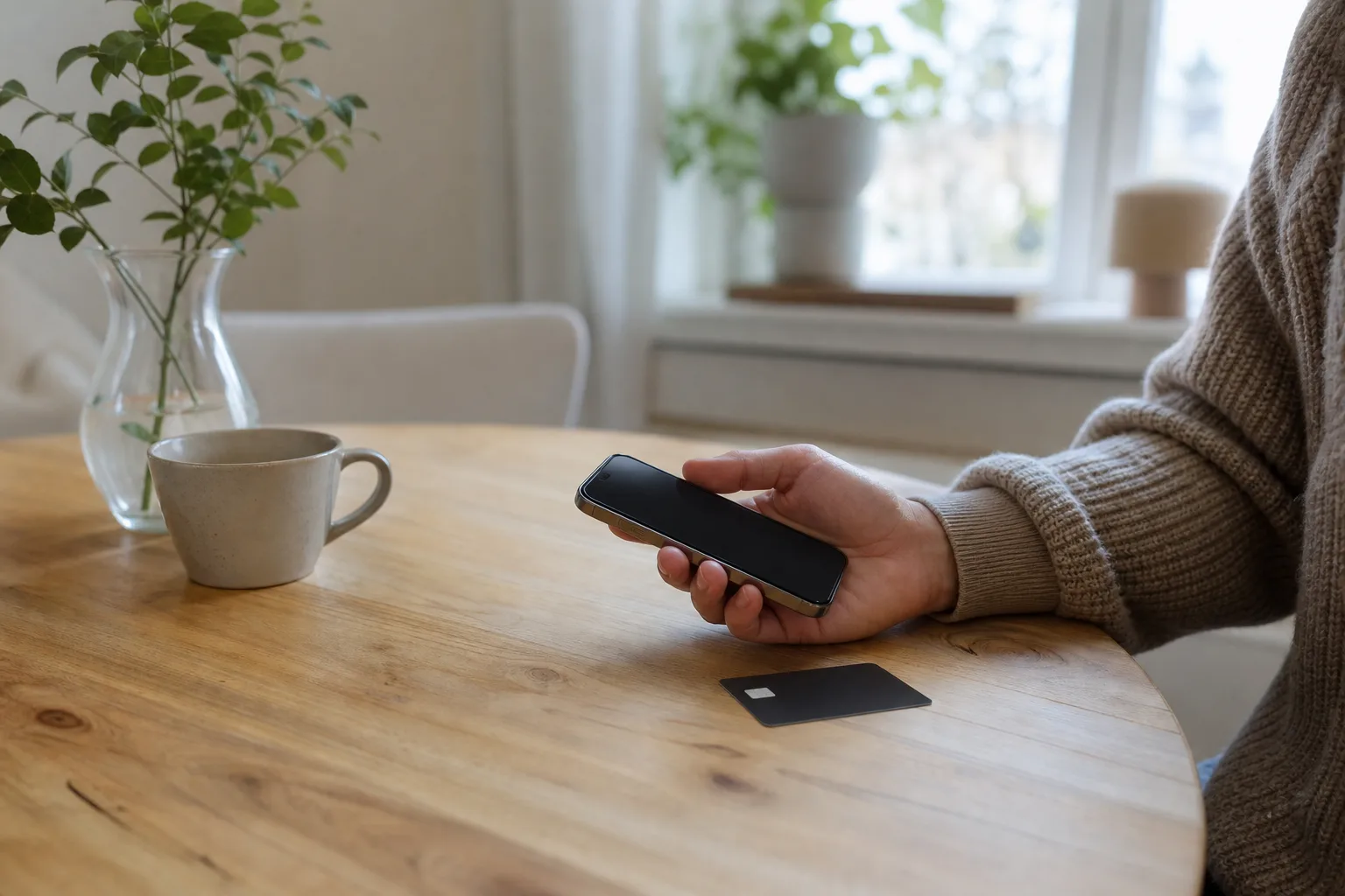 Hand som håller en mobiltelefon med ett SIM-kort bredvid på bordet