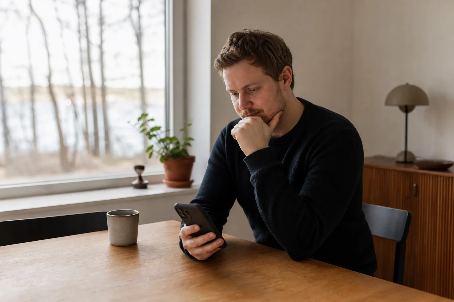Mobiltelefon med knappsats öppen där en kort kod slås för att kolla saldo