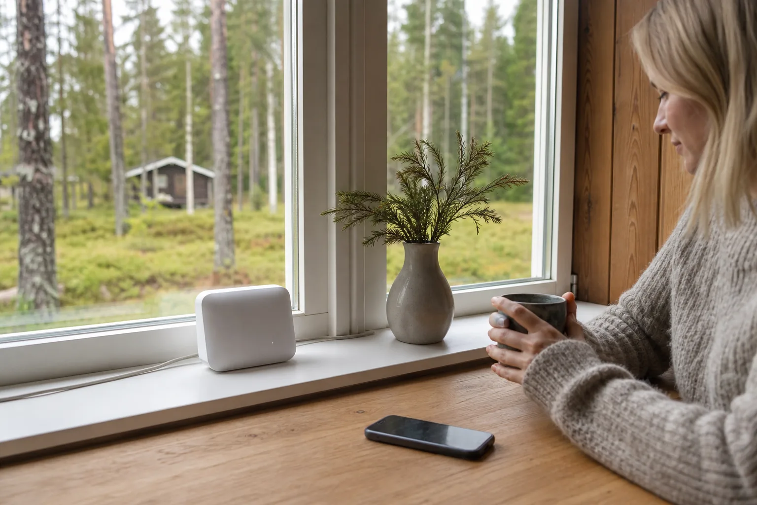 Router för mobilt bredband i ett sommarhus med simkort som ger internet till hela hushållet