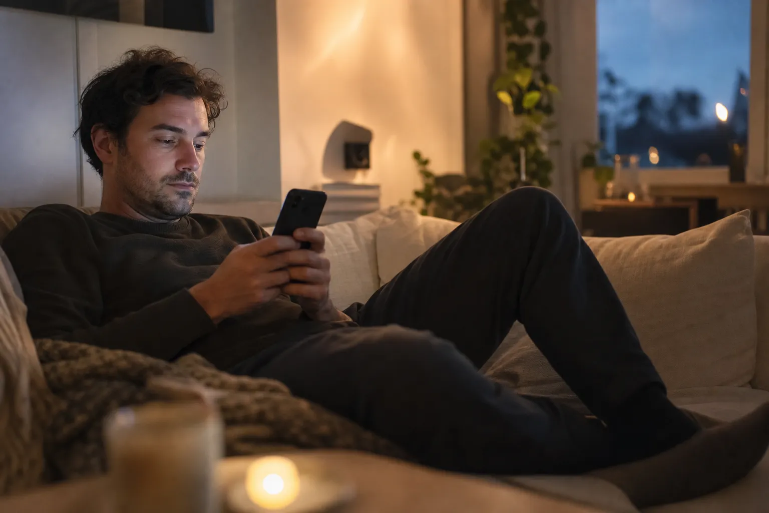 Person som strömmar film på mobilen i soffan och surfar mycket på förbetalt kontantkort