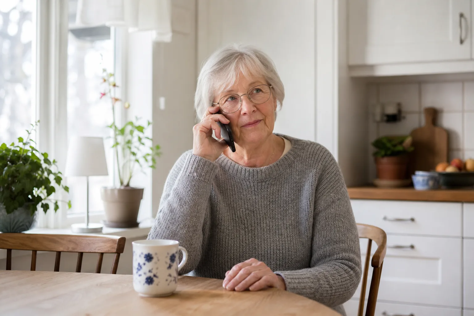 Äldre person sitter lugnt hemma med en mobiltelefon och en kopp kaffe