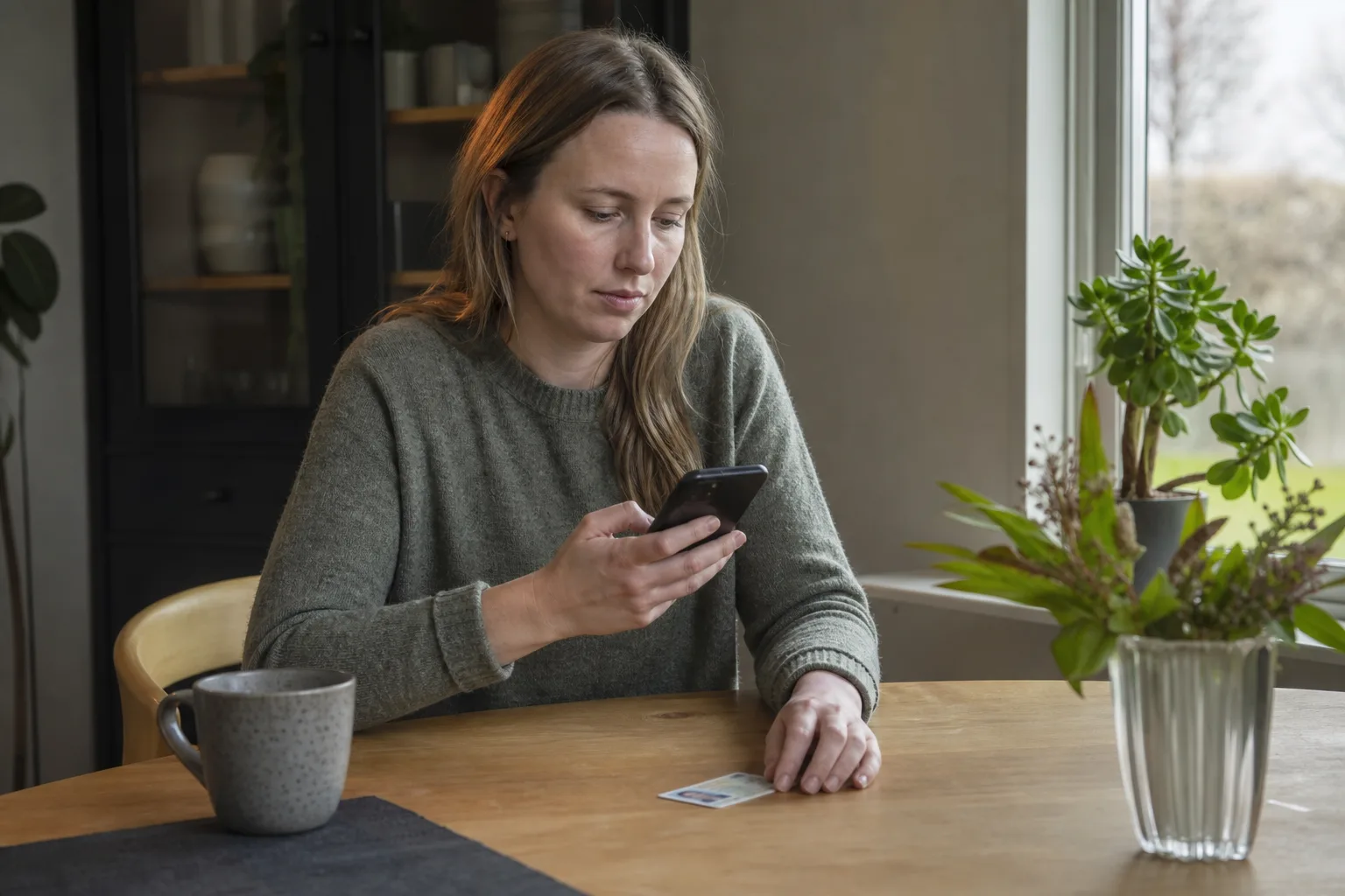 Person som legitimerar sig med BankID i mobilen för att registrera ett kontantkort