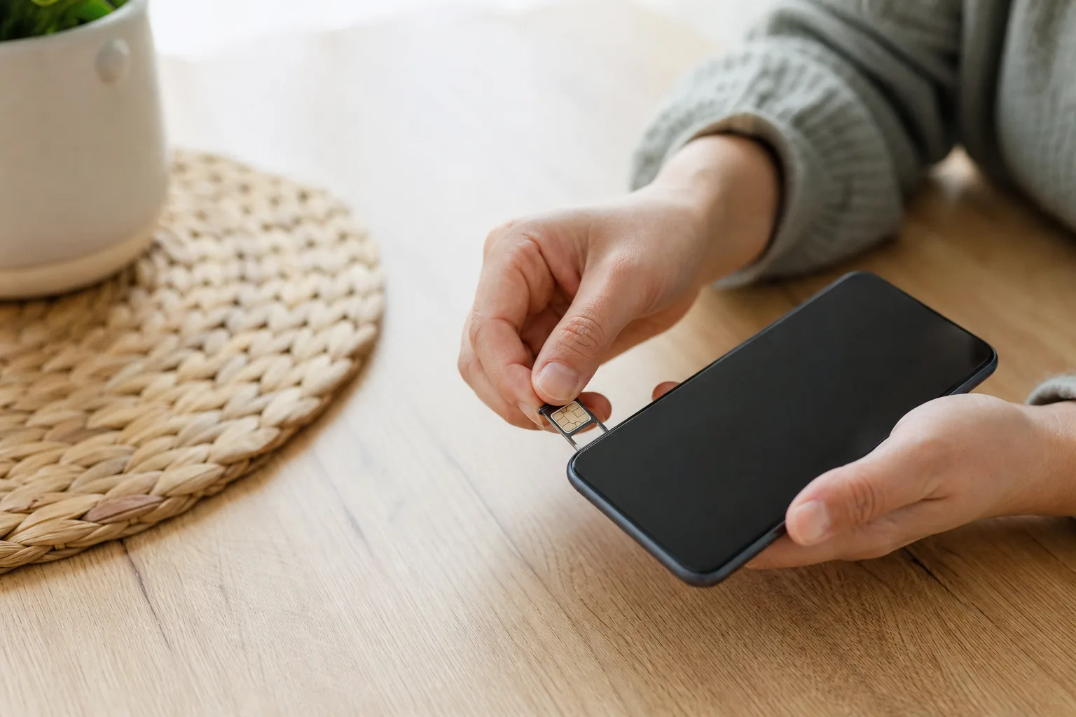 Hand som sätter i ett simkort i en mobiltelefon vid ett köksbord