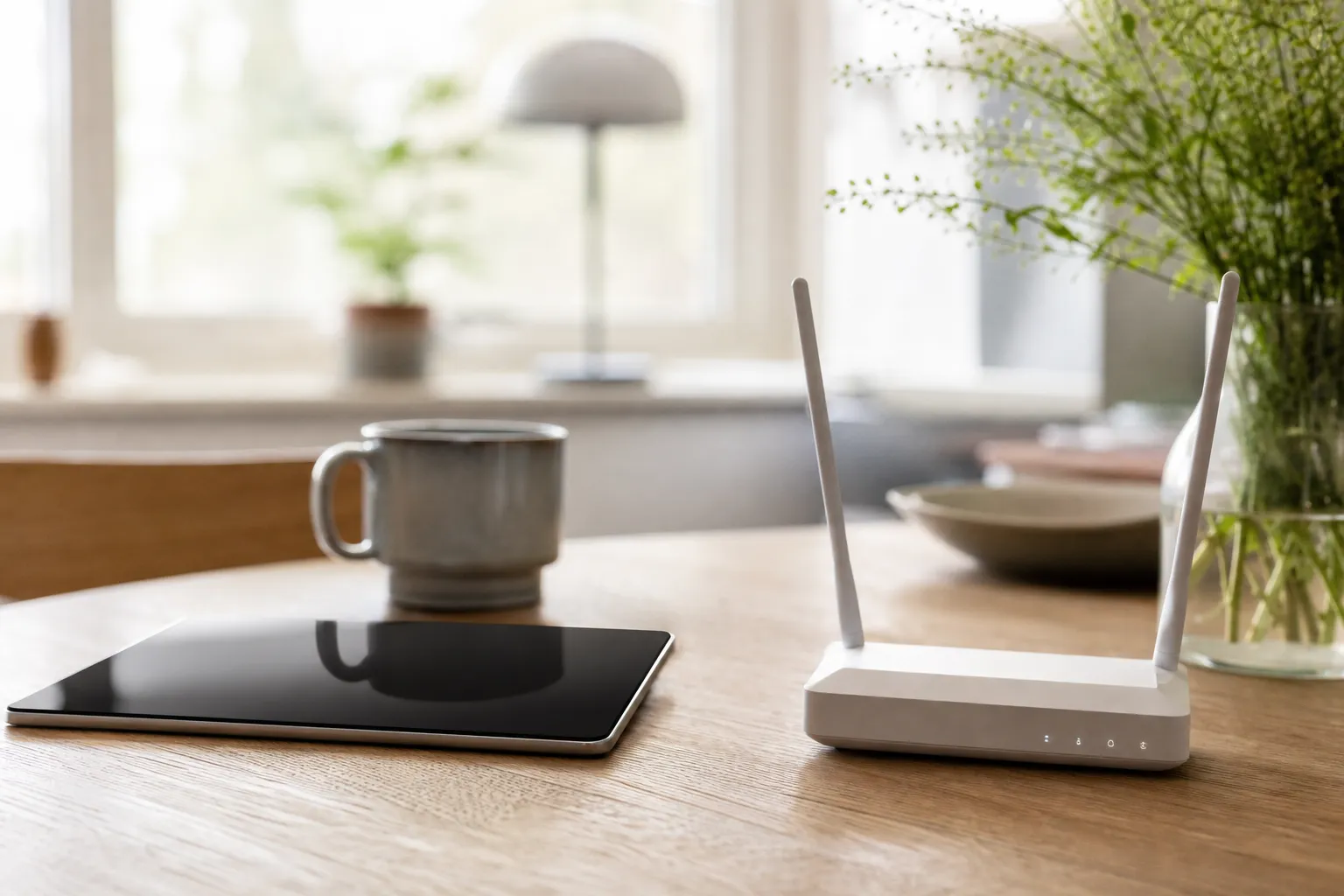Surfplatta och en liten mobil router med simkortsplats på ett bord, uppkopplade via förbetalt datasim