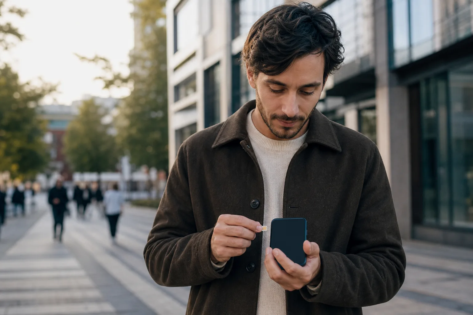Mobiltelefon som visar mottagning med master i bakgrunden