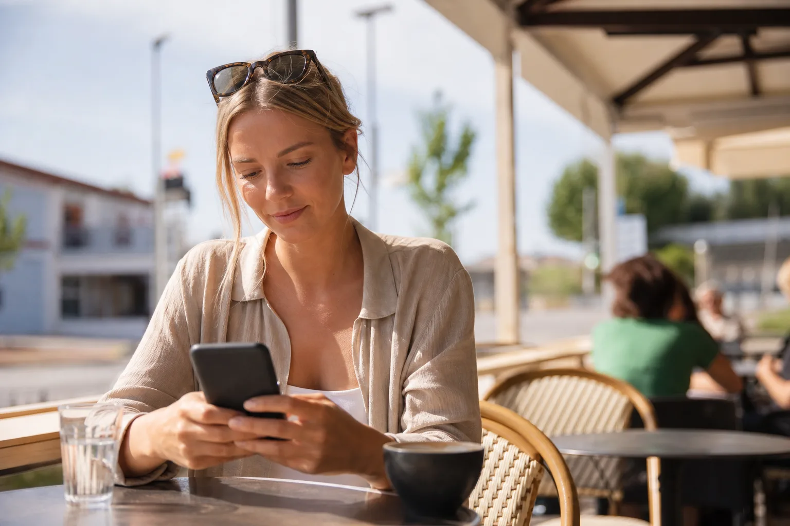 Resenär som använder mobilen med utsikt över en europeisk stad
